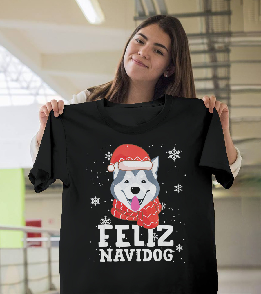 Feliz Navidog Siberian Husky Christmas Santa Hat and Scarf T-Shirt