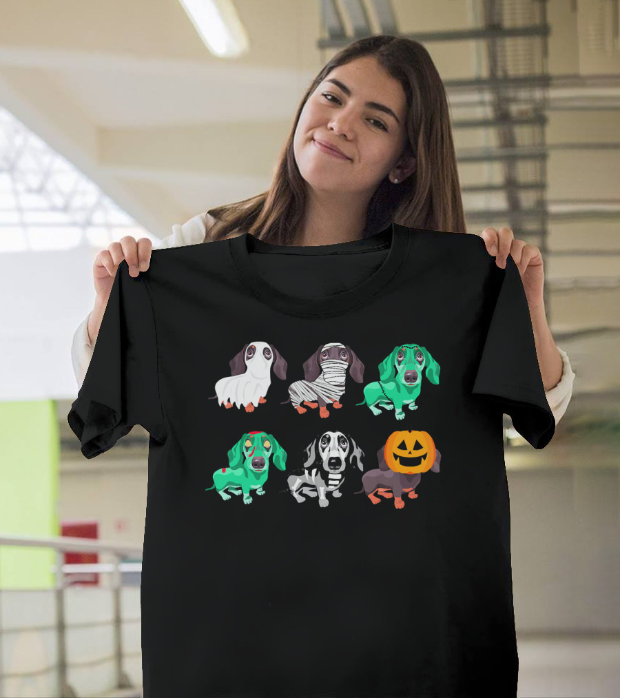 Dachshund Halloween Costumes Ghost Mummy Frankenstein Skeleton Pumpkin T-Shirt