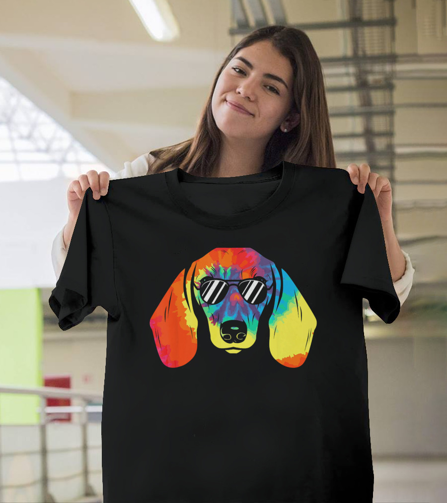 Dachshund Cute Tie Dye Sunglasses Rainbow Colorful T-Shirt