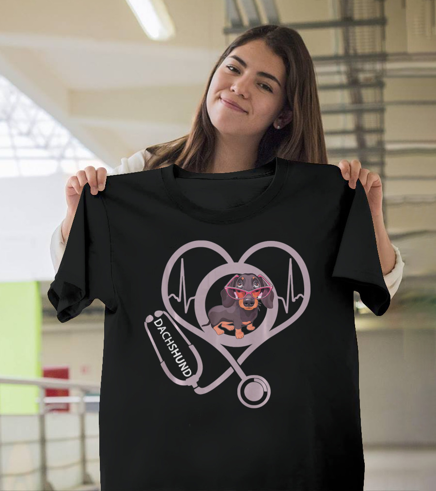 Dachshund Heartbeat Featuring Stethoscope and Sunglasses for Nurses T-Shirt