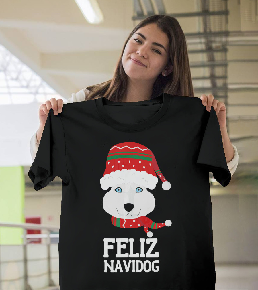Feliz Navidog Christmas Dog Husky Santa Hat T-Shirt