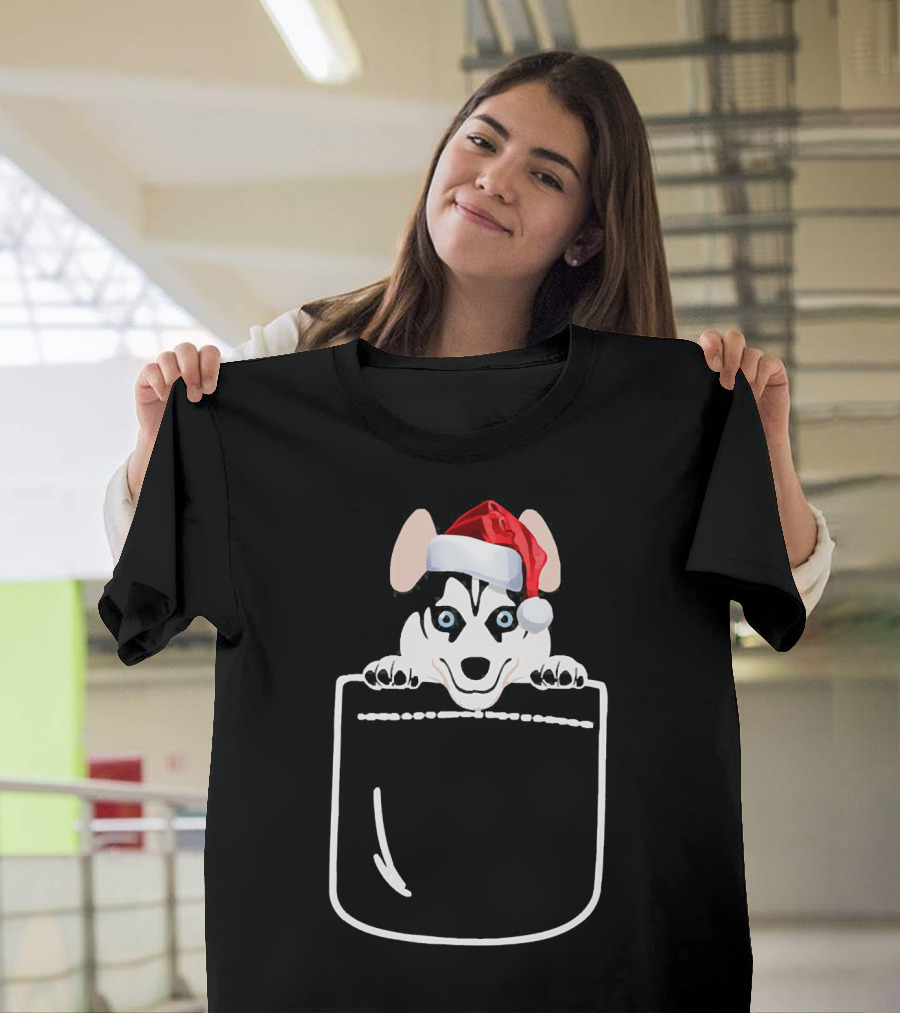 Santa Hat Funny Husky In Your Pocket T-Shirt