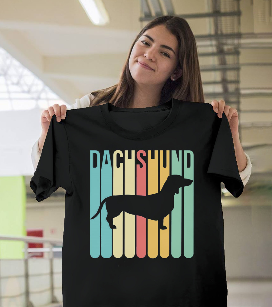 Dachshund Silhouette Over Vintage Rainbow Stripes T-Shirt