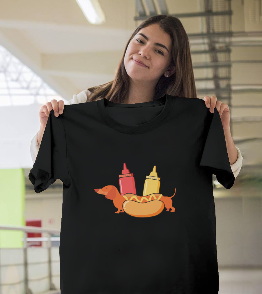 Dachshund Hot Dog with Ketchup and Mustard Bottles T-Shirt