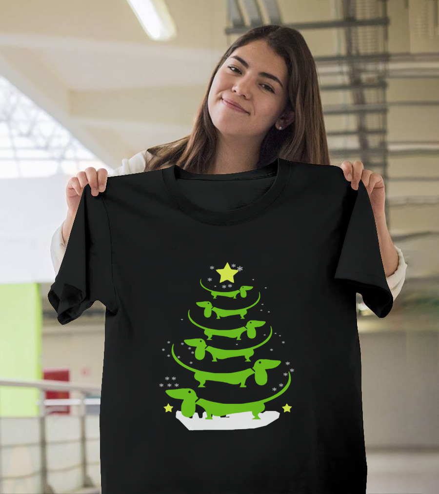 Dachshund Through The Snow Christmas Tree with Stars and Snowflakes T-Shirt