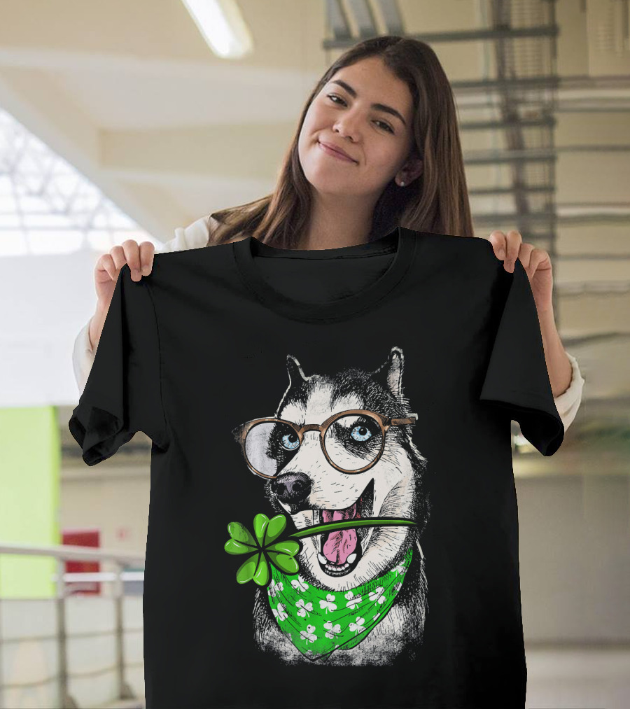 Husky Irish Shamrock St Patrick Glasses Dog Bandana T-Shirt