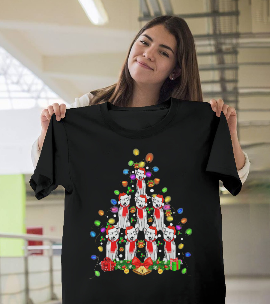 Husky Dog Christmas Tree with Lights and Gifts T-Shirt