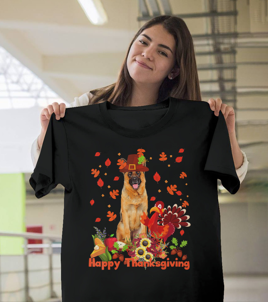 Happy Thanksgiving German Shepherd with Turkey and Autumn Leaves T-Shirt