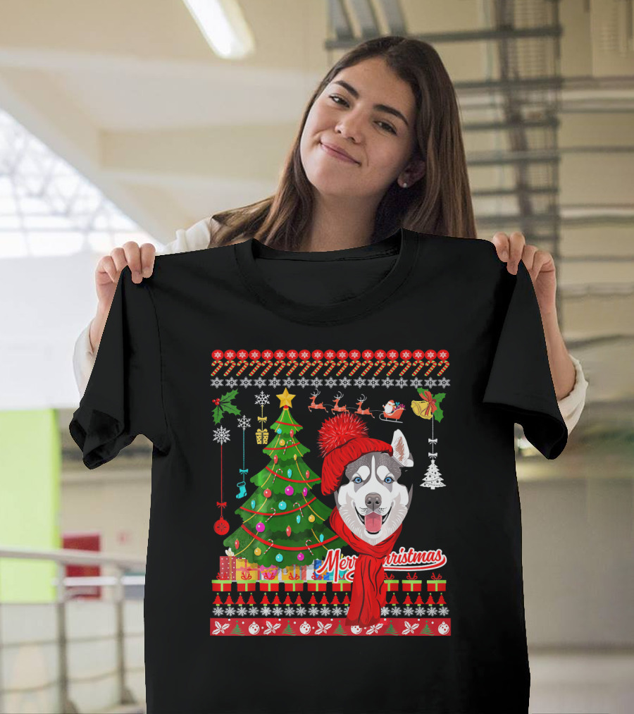 Merry Christmas Husky Dog Ugly Sweater Style Christmas Tree T-Shirt