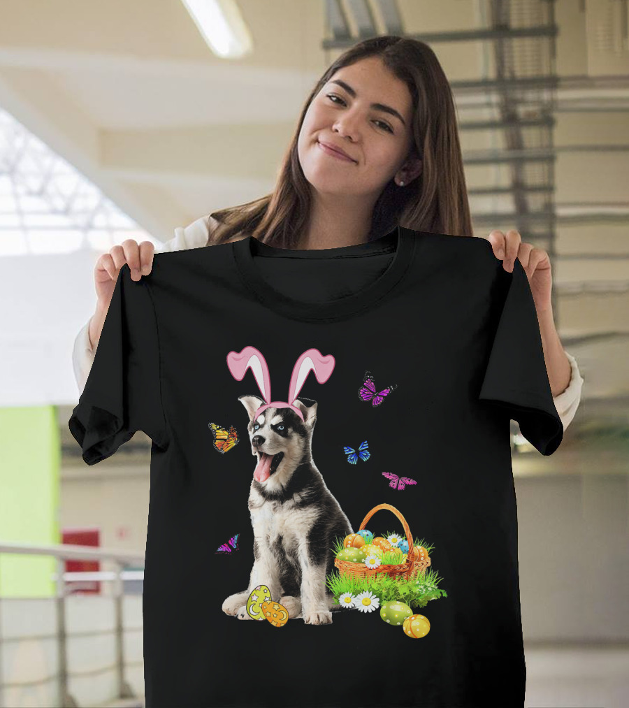Husky Sibir Bunny Hat Rabbit Easter Eggs Basket Butterflies T-Shirt