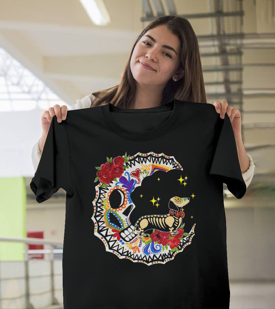 Halloween Sugar Skull Moon Dachshund with Colorful Floral Pattern and Stars T-Shirt