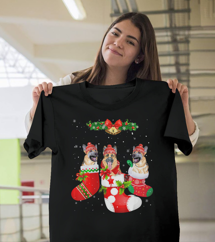 German Shepherds in Christmas Stockings with Hats and Bells T-Shirt