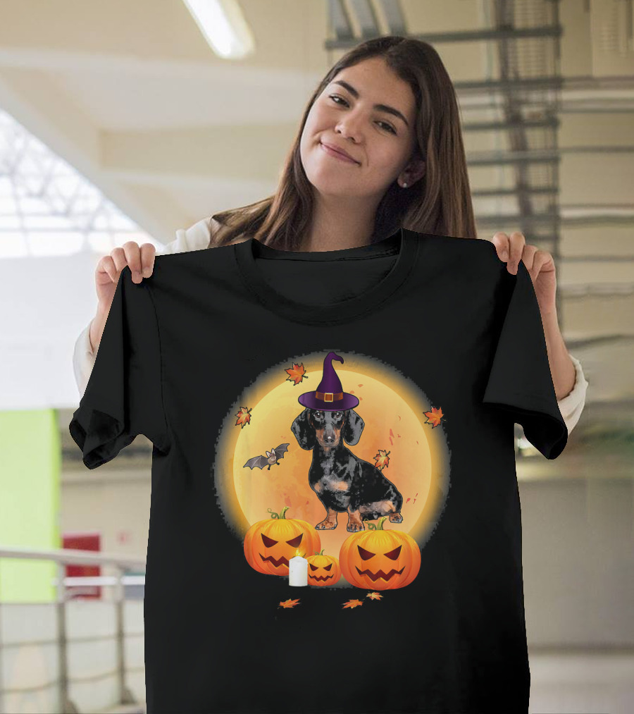 Halloween Fun Dachshund Witch Hat Pumpkins Moon Bat T-Shirt