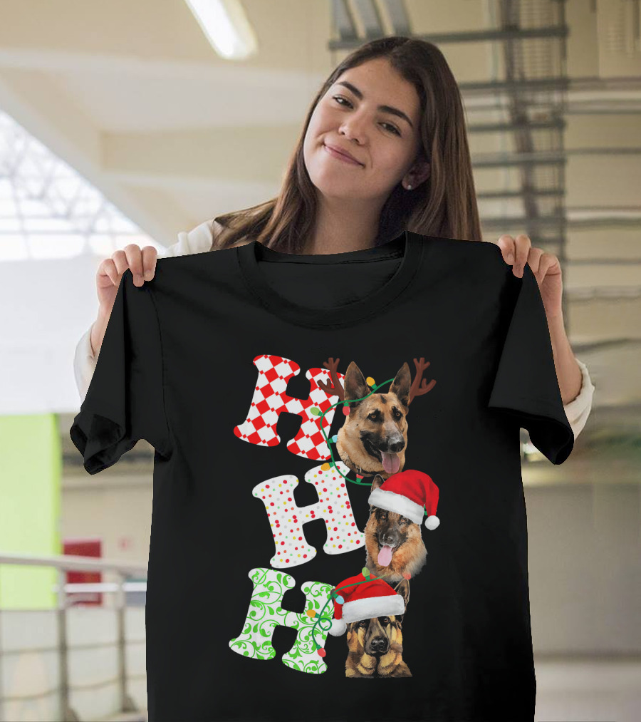 Ho Ho Ho German Shepherds with Santa Hats and Reindeer Antlers Holiday T-Shirt