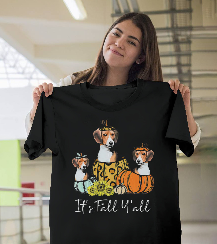 It's Fall Y'all Beagles in Pumpkins with Sunflowers and Autumn Leaves T-Shirt