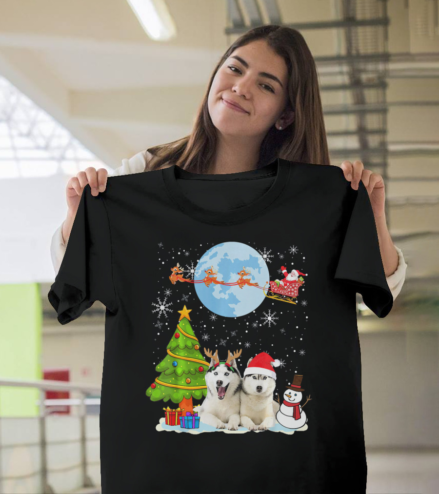 Funny Siberian Husky Christmas Moon Santa Reindeer Sleigh Tree Snowman T-Shirt