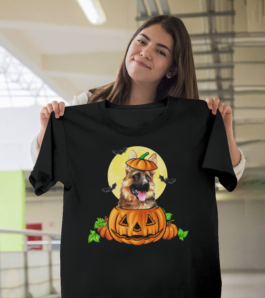 German Shepherd in Pumpkin with Full Moon and Bats T-Shirt