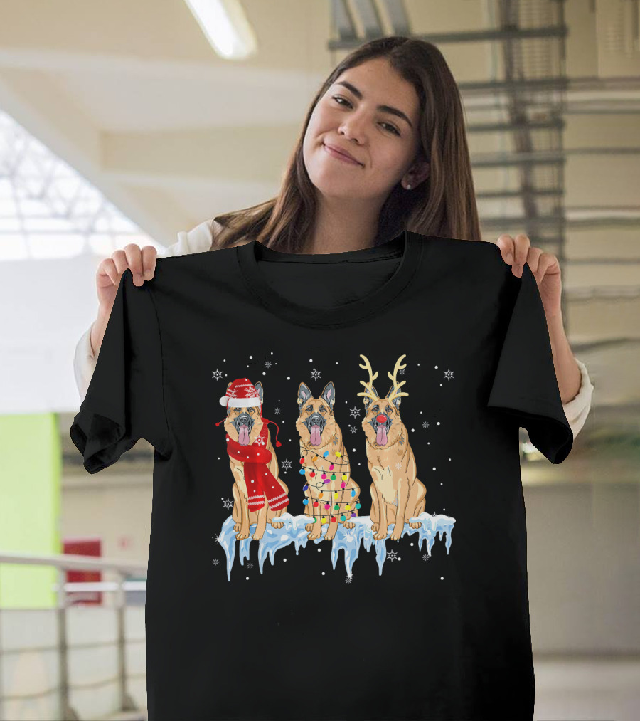 German Shepherd Dog Christmas Lights Reindeer and Santa Hat Trio T-Shirt