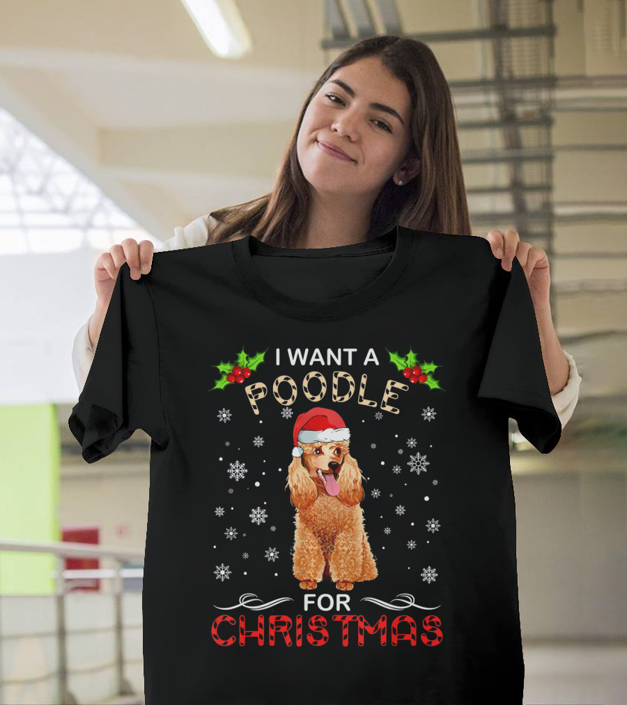 I Want A Poodle For Christmas Festive Dog Snowflakes Santa Hat T-Shirt