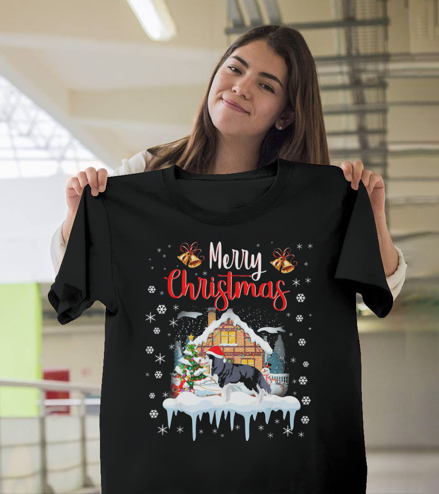 Merry Christmas Funny Siberian Husky Santa Hat House Snowflakes Bells T-Shirt