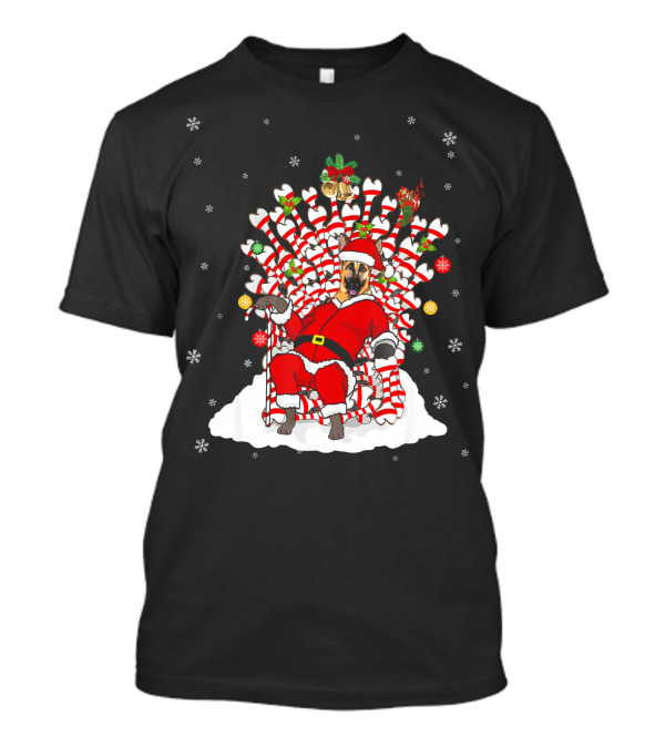 German Shepherd Santa On Candy Cane Throne With Christmas Decor T-Shirt