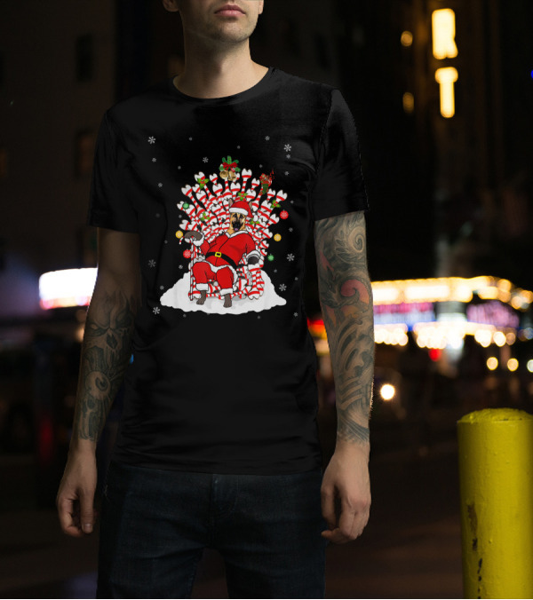 German Shepherd Santa On Candy Cane Throne With Christmas Decor T-Shirt