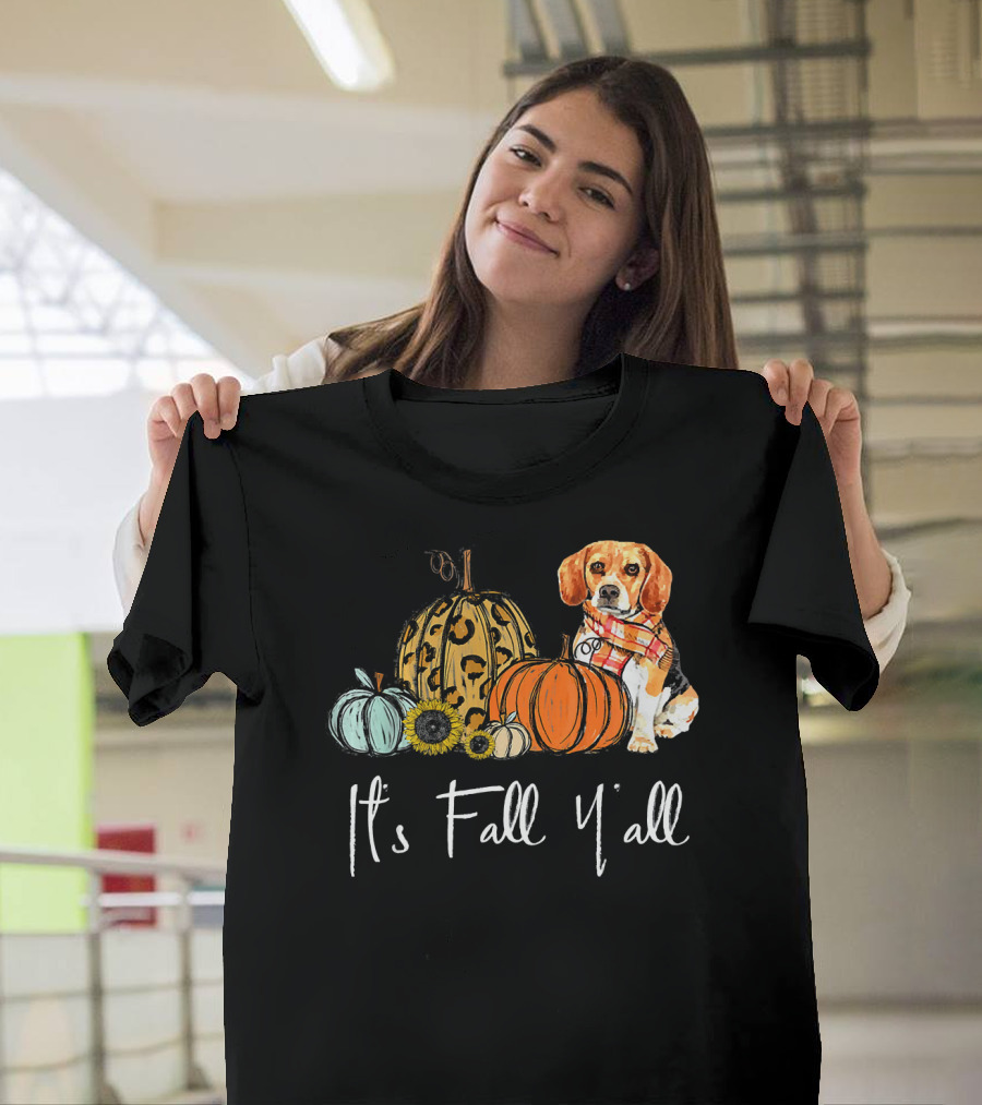 It's Fall Y'all Pumpkin Beagle with Autumn Scarf and Sunflowers T-Shirt