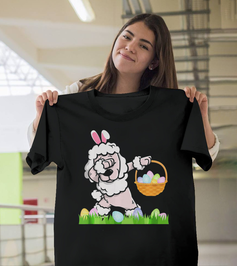 Happy Poodle Bunny Dabbing with Easter Egg Basket in Grass T-Shirt