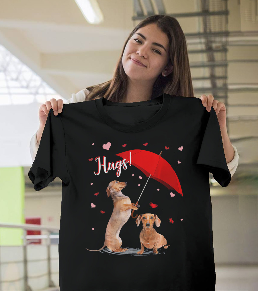 Hugs Dachshund Duo with Red Umbrella and Hearts T-Shirt
