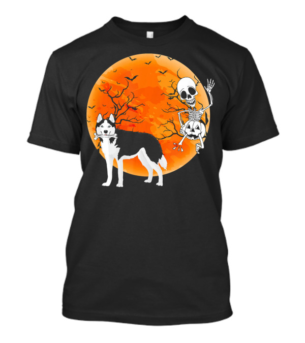 Funny Siberian Husky Dog And Skeleton Halloween Scene T-Shirt