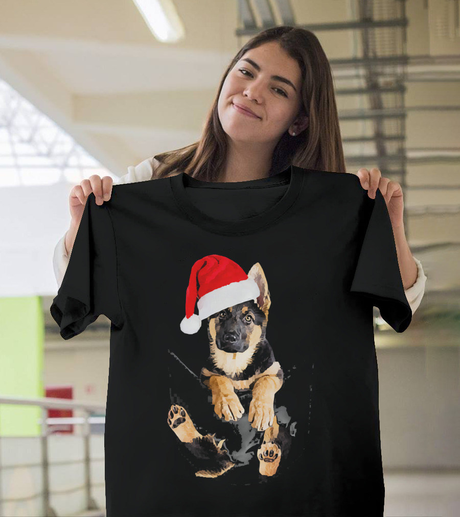 German Shepherd Puppy in Pocket with Santa Hat Christmas T-Shirt