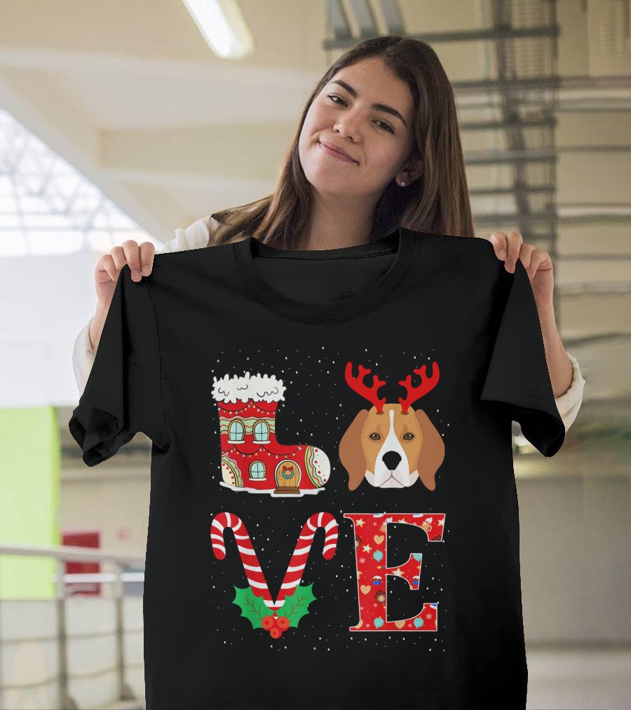 I Love My Beagle Reindeer Horns Christmas Boot Candy Cane Holly T-Shirt