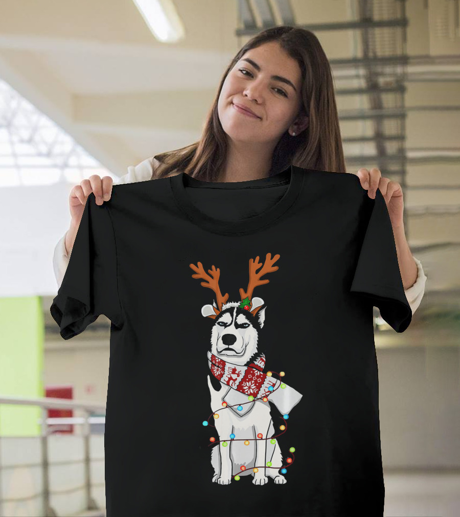Husky with Reindeer Antlers Wrapped in Christmas Lights and Festive Scarf T-Shirt