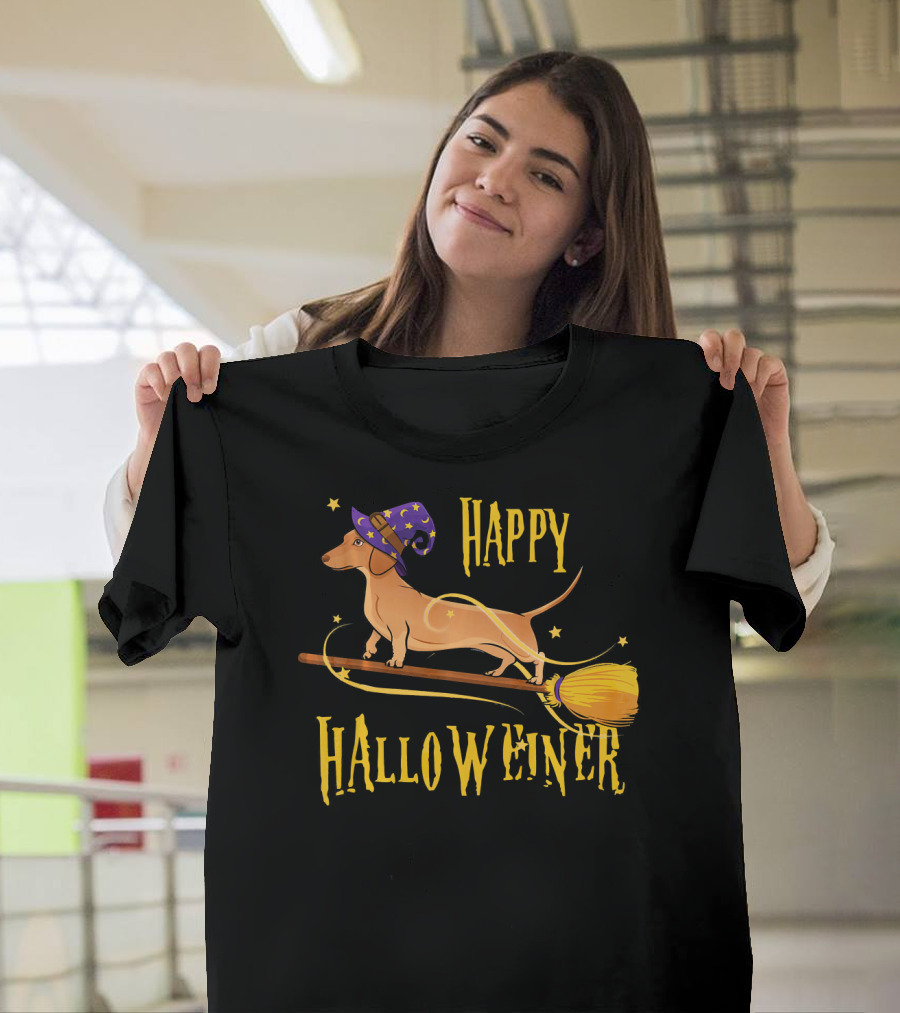 Happy Halloweiner Halloween Dachshund Wizard Broomstick T-Shirt