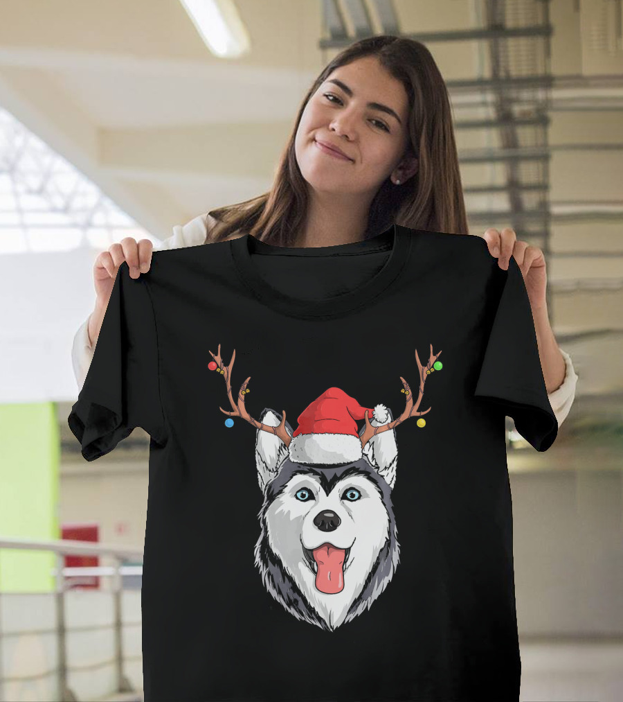 Husky Dog with Reindeer Antlers and Santa Claus Hat T-Shirt
