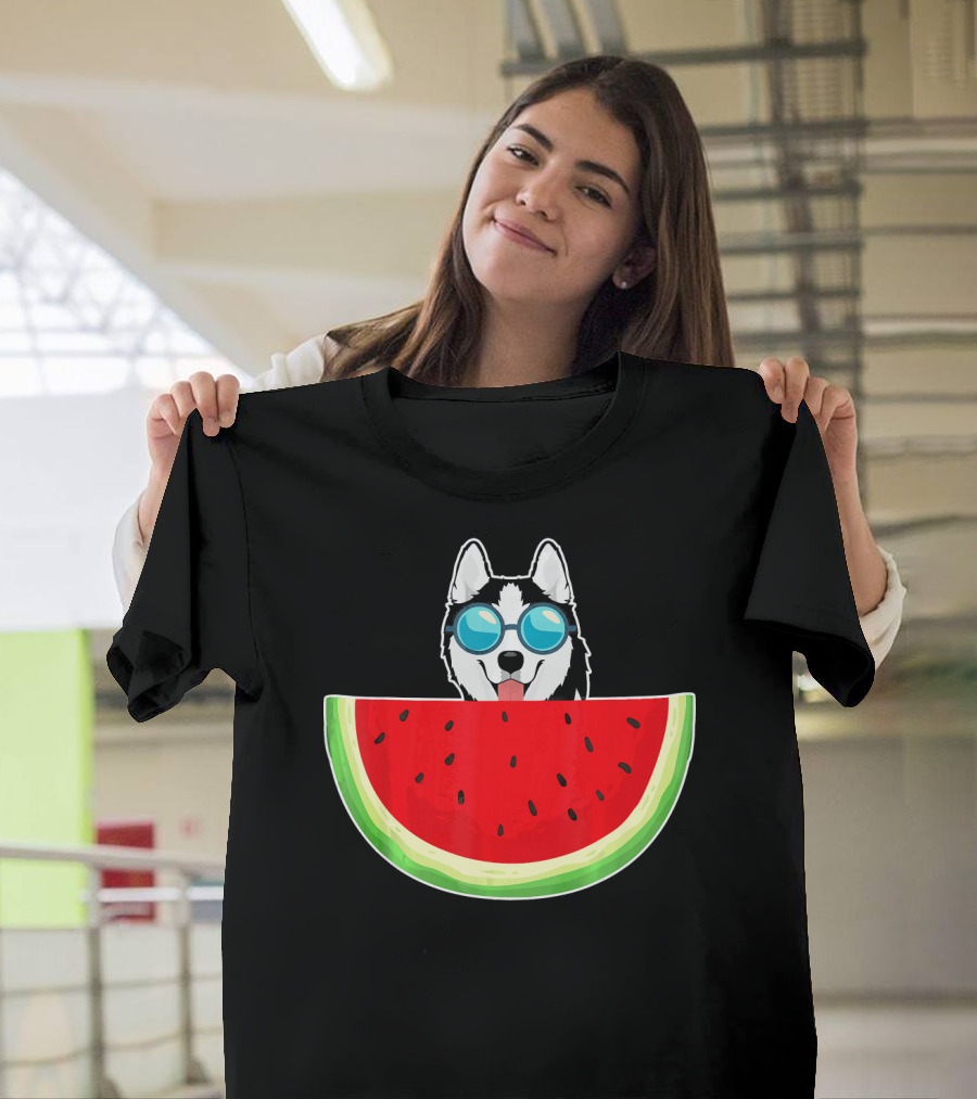 Husky with Sunglasses and Watermelon Womens T-Shirt