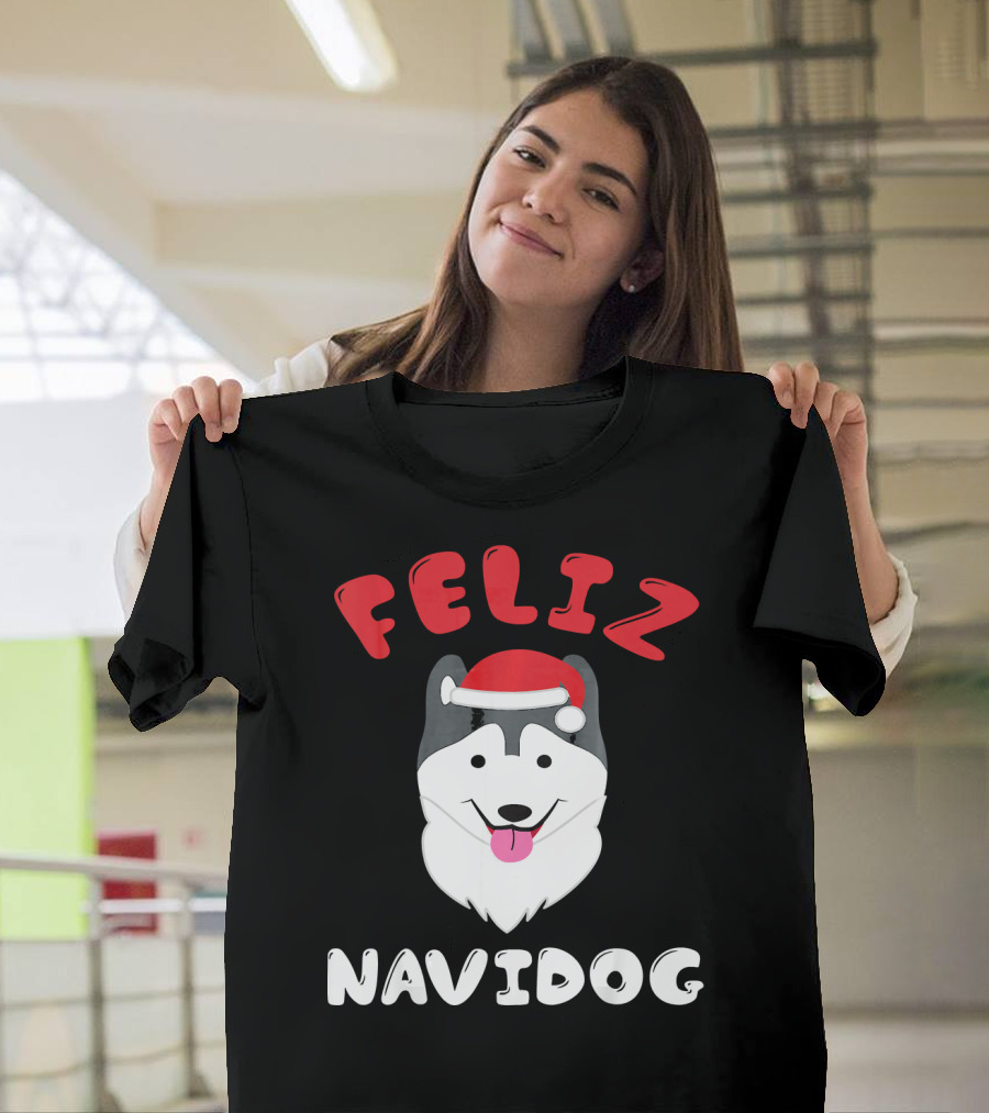 Feliz Navidog Husky Dog with Santa Hat T-Shirt