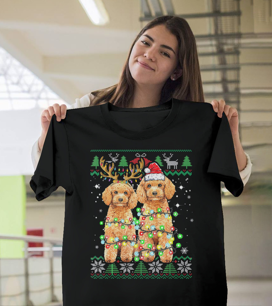 Poodle Dog Reindeer and Santa Hat with Christmas Lights Ugly Christmas T-Shirt