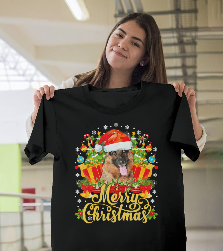 Merry Christmas German Shepherd Santa Hat Presents Candy Canes Snowflakes T-Shirt