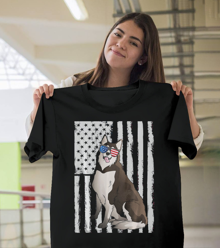 Patriotic Siberian Husky Dog with American Flag Glasses and Starry Stripes Background T-Shirt