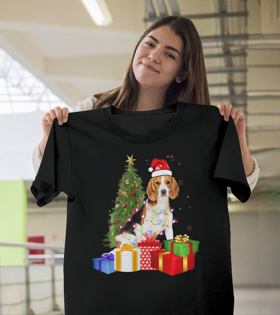 Santa Beagle Wrapped in Christmas Tree Lights with Gifts and Festive Hat T-Shirt
