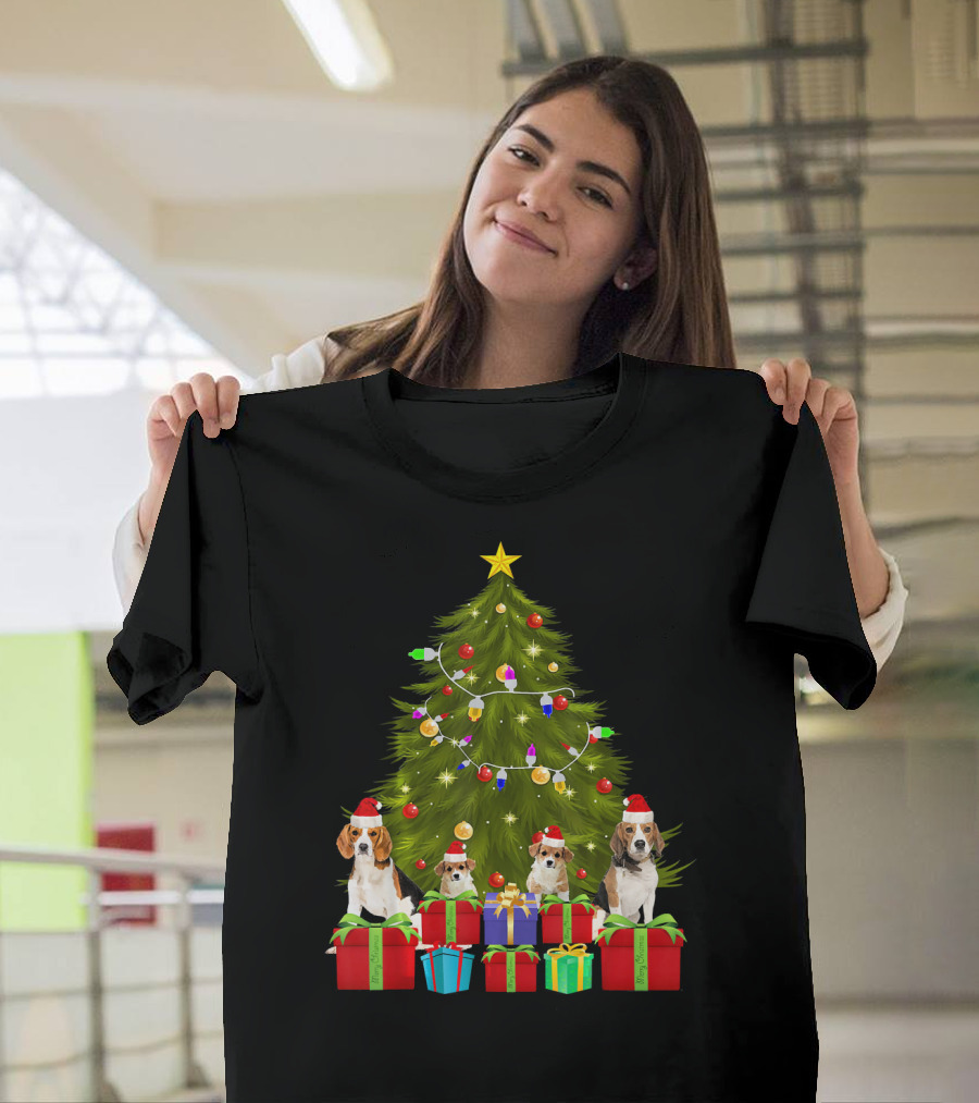 Santa Beagle Christmas Tree Lights Presents T-Shirt