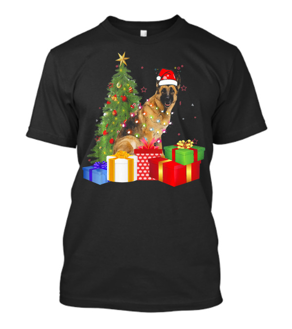 Santa Hat German Shepherd With Christmas Tree And Gifts T-Shirt