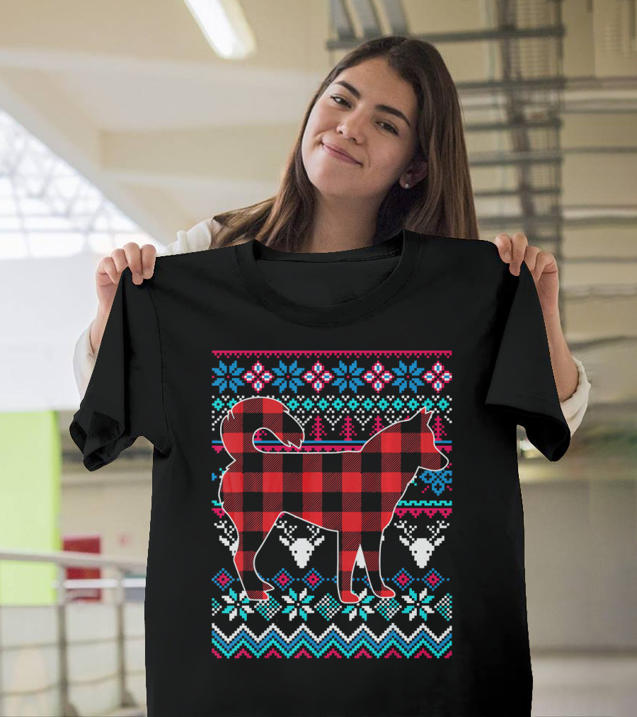 Red Plaid Siberian Husky with Festive Nordic T-Shirt