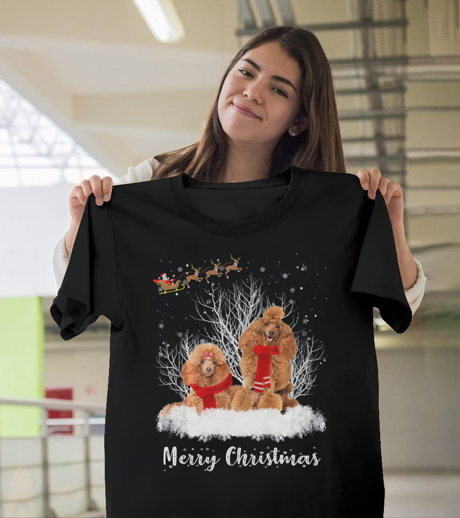 Merry Christmas Santa Poodle Couple with Reindeer and Snow T-Shirt