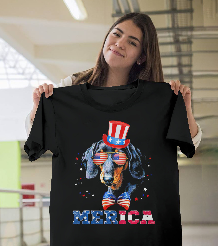 Merica Dachshund Patriotic 4th of July American Flag Hat and Bow Tie T-Shirt