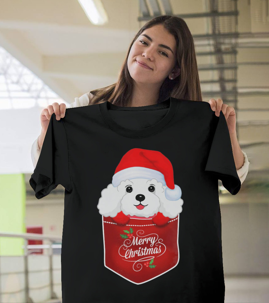 Merry Christmas Poodle with Santa Hat in Pocket Dog Love T-Shirt