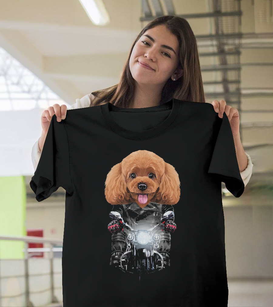 Playful Poodle Dog Riding Motorcycle in Leather Jacket and Gloves T-Shirt