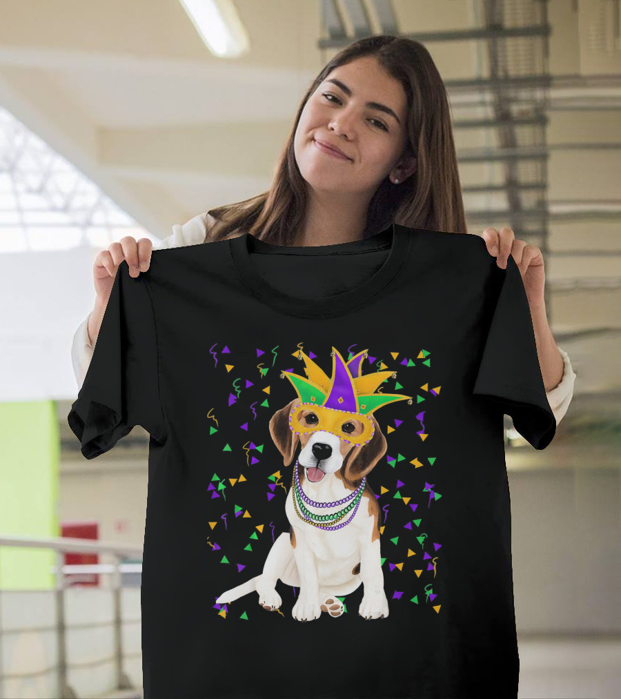 Mardi Gras Beagle with Mask and Beads Among Colorful Confetti T-Shirt