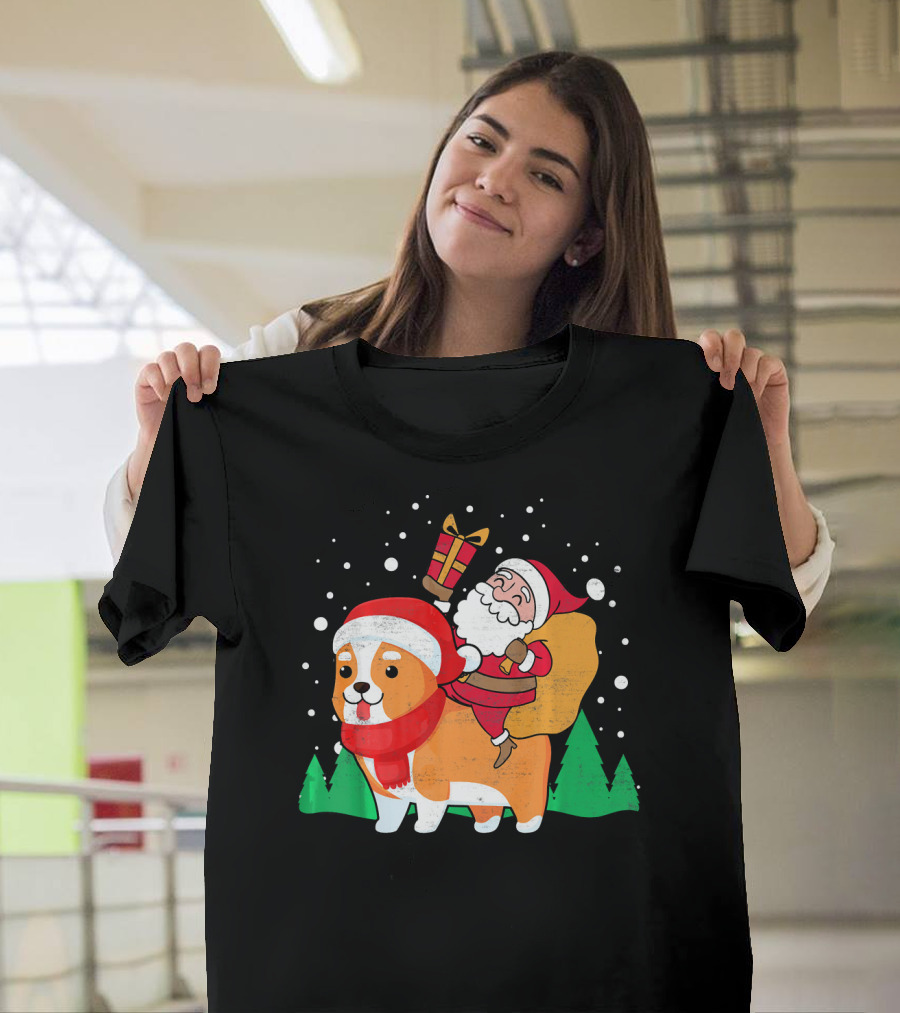 Santa Riding Corgi in Snowy Forest Holiday Fun T-Shirt